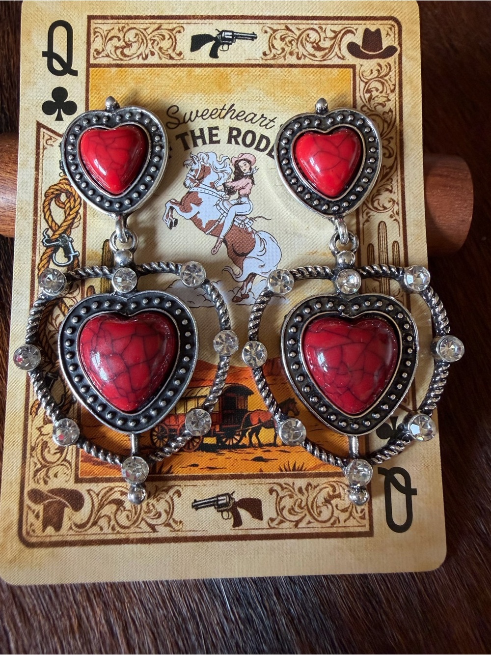Southwestern Red Heart Turquoise Rhinestone Silver Tone Dangle Earrings NEW